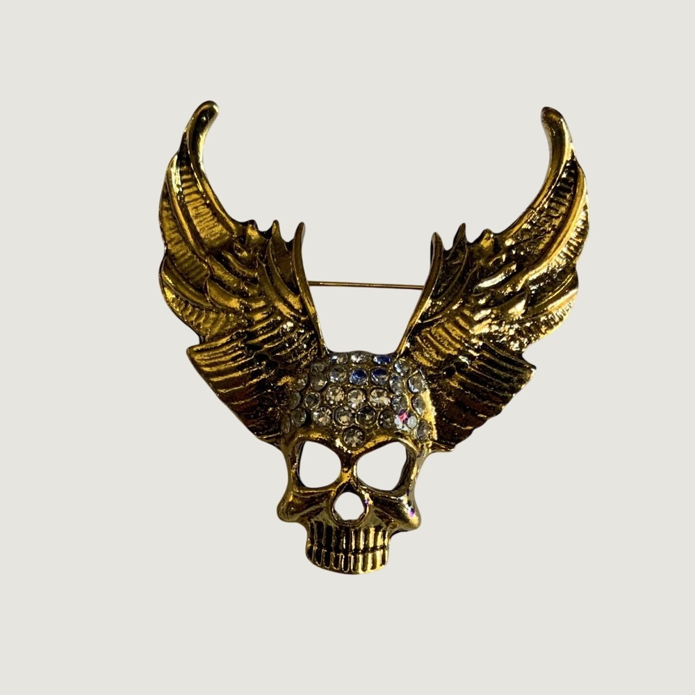 Gold Tone Winged Skull Brooch Rhinestone Gothic Biker Pin Accessory